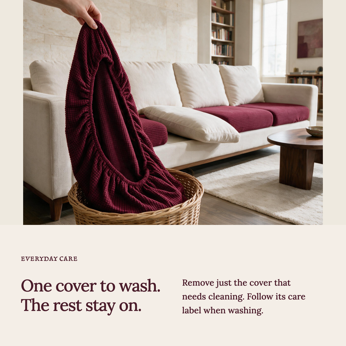 Housse de coussin de canapé Jacquard · Bordeaux · Extensible — Lavez une housse sans retirer les autres