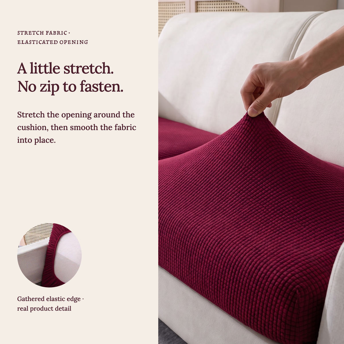 Housse de coussin de canapé Jacquard · Bordeaux · Extensible — Un tissu extensible, sans fermeture éclair