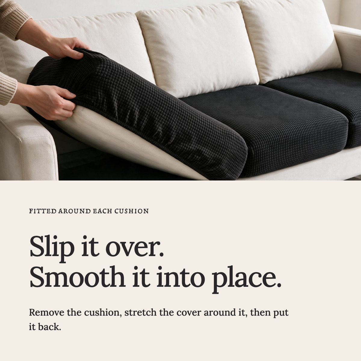 Housse de coussin de canapé Jacquard · Noir · Extensible — Enfilez la housse et lissez le tissu