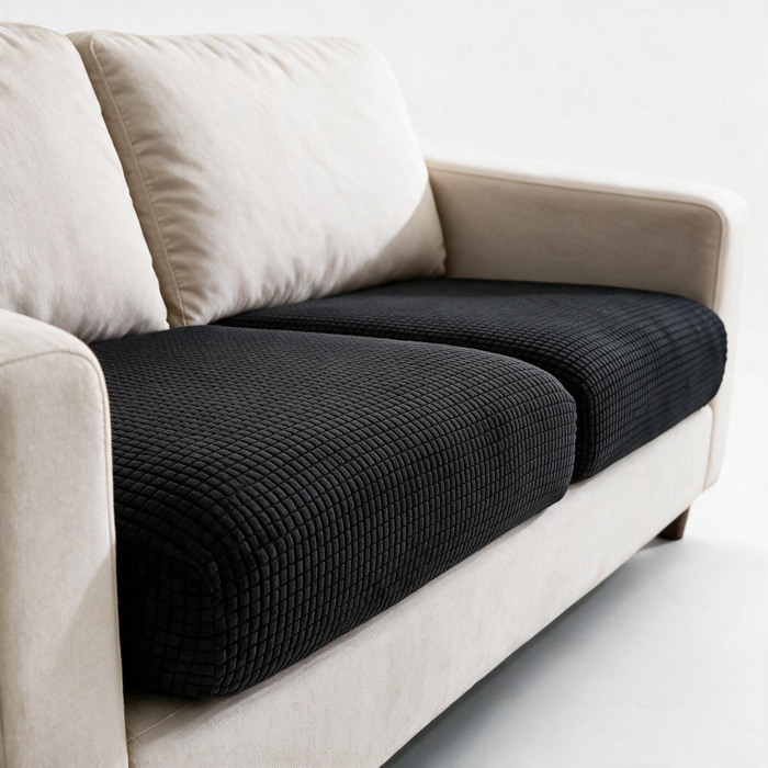 Housse de coussin de canapé Jacquard · Noir · Extensible — Détail du tissu jacquard