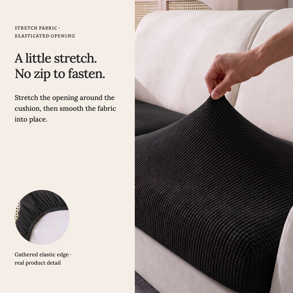 Housse de coussin de canapé Jacquard · Noir · Extensible — Un tissu extensible, sans fermeture éclair