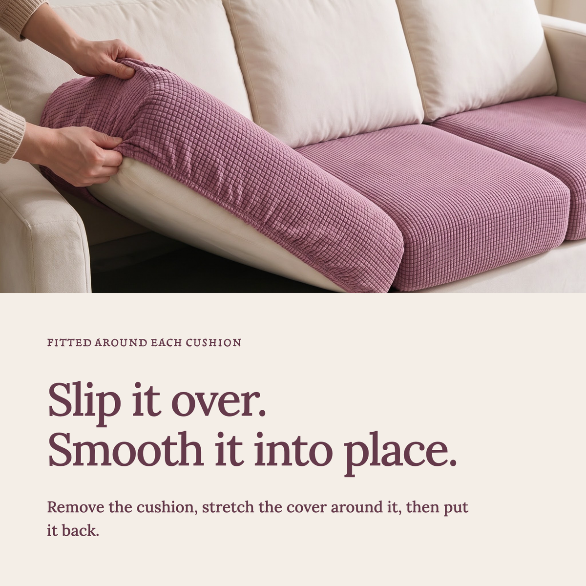 Housse de coussin de canapé Jacquard · Rose · Extensible — Enfilez la housse et lissez le tissu