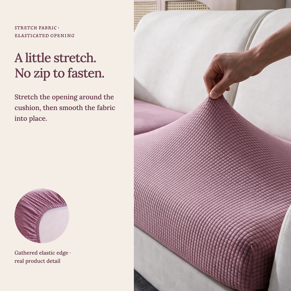 Housse de coussin de canapé Jacquard · Rose · Extensible — Un tissu extensible, sans fermeture éclair