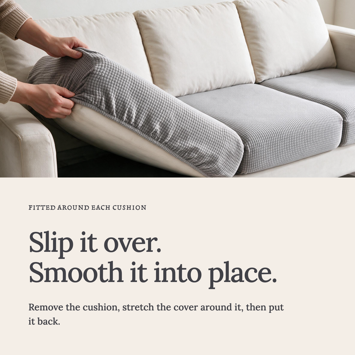 Housse de coussin de canapé Jacquard · Gris clair · Extensible — Enfilez la housse et lissez le tissu