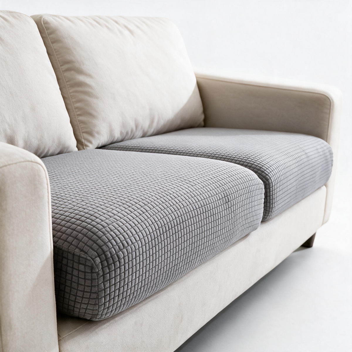 Housse de coussin de canapé Jacquard · Gris clair · Extensible — Détail du tissu jacquard