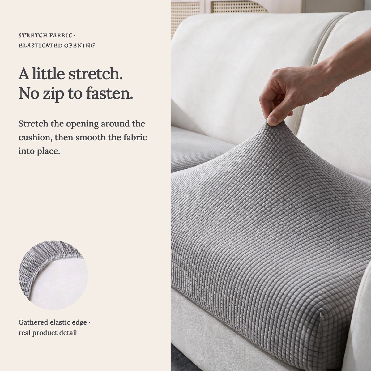 Housse de coussin de canapé Jacquard · Gris clair · Extensible — Un tissu extensible, sans fermeture éclair