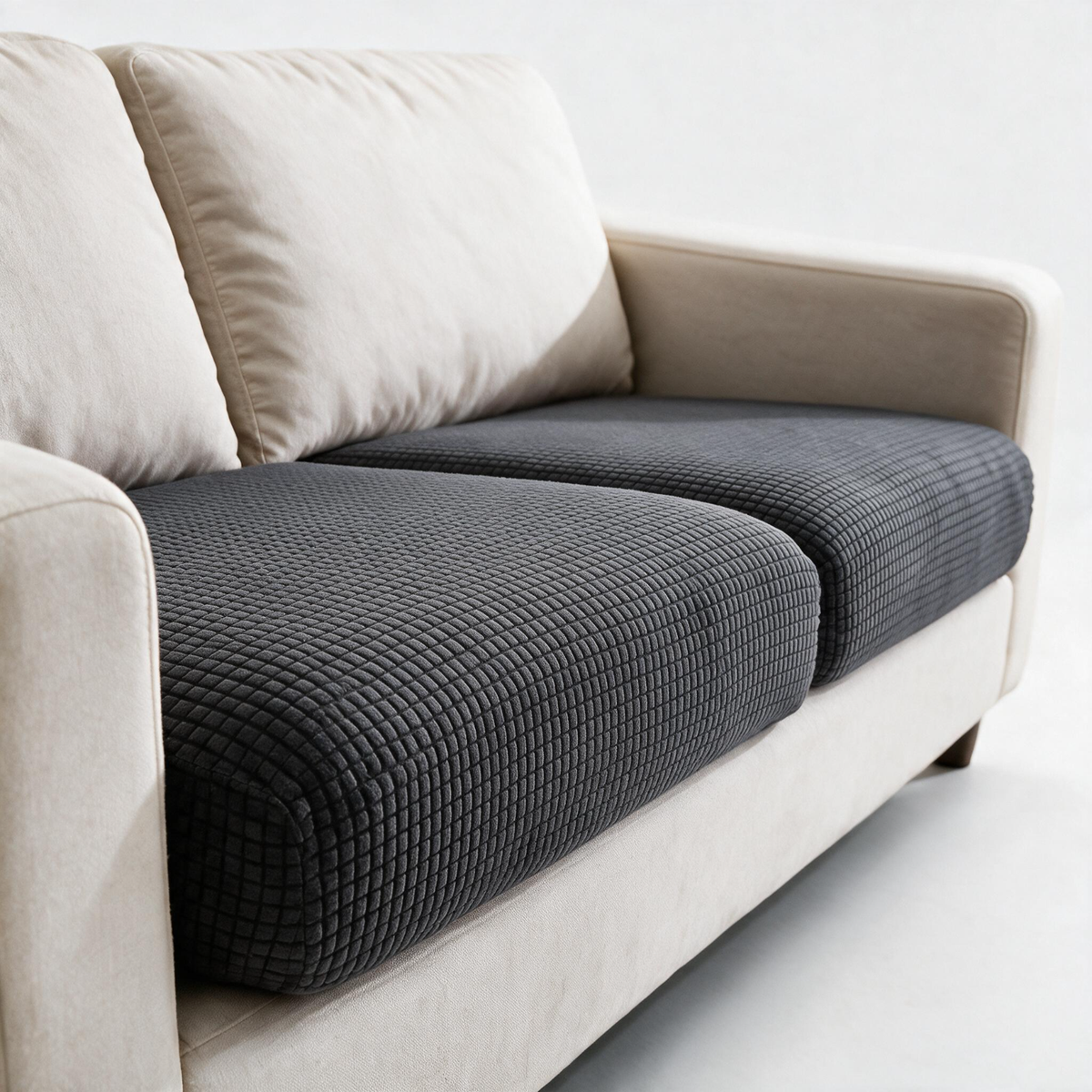 Housse de coussin de canapé Jacquard · Gris foncé · Extensible — Détail du tissu jacquard