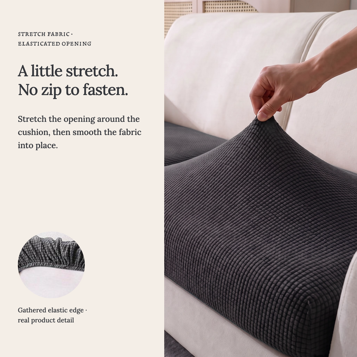 Housse de coussin de canapé Jacquard · Gris foncé · Extensible — Un tissu extensible, sans fermeture éclair