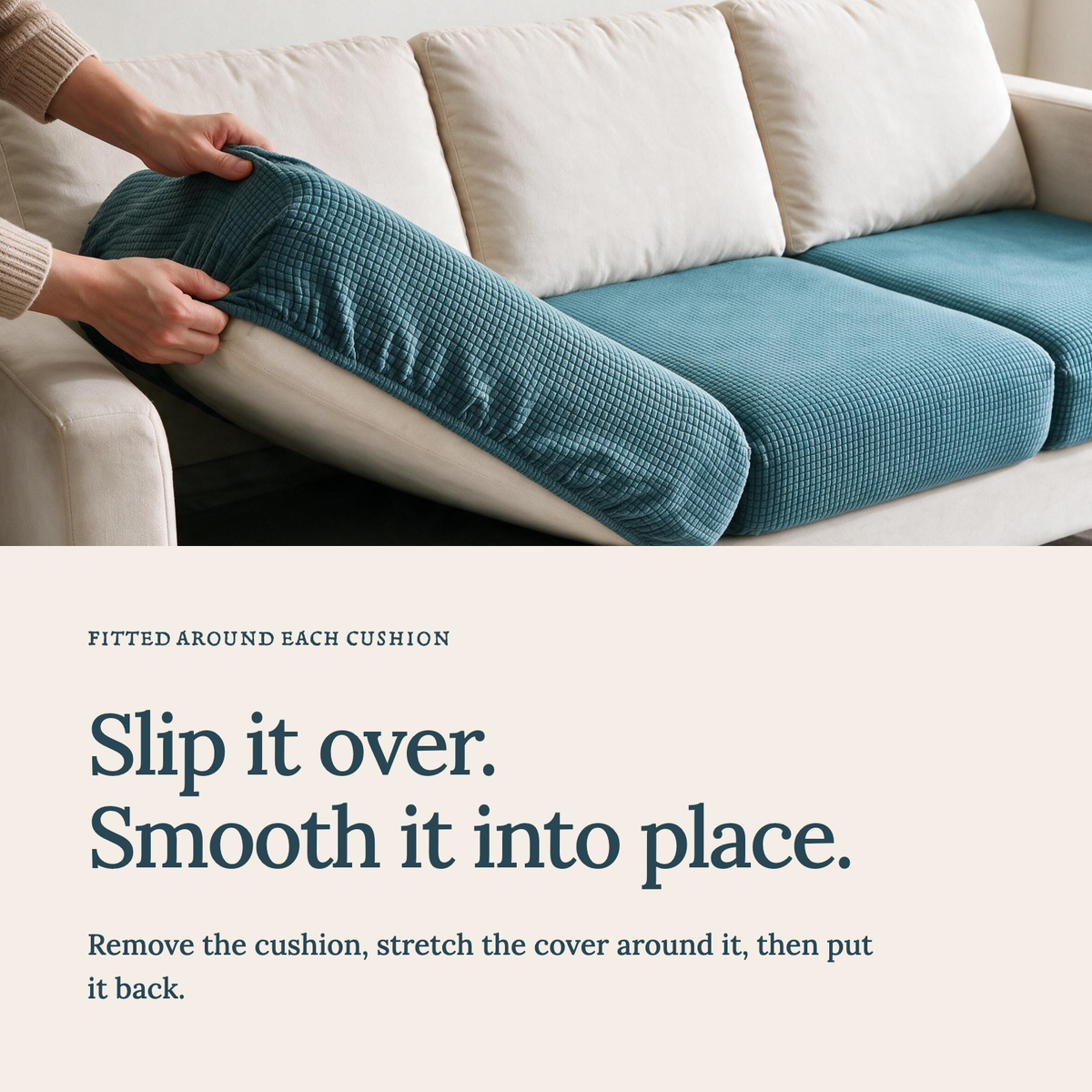 Housse de coussin de canapé Jacquard · Bleu ciel · Extensible — Enfilez la housse et lissez le tissu