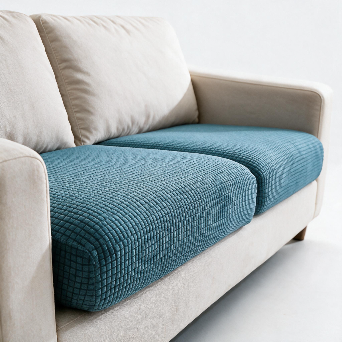 Housse de coussin de canapé Jacquard · Bleu ciel · Extensible — Détail du tissu jacquard