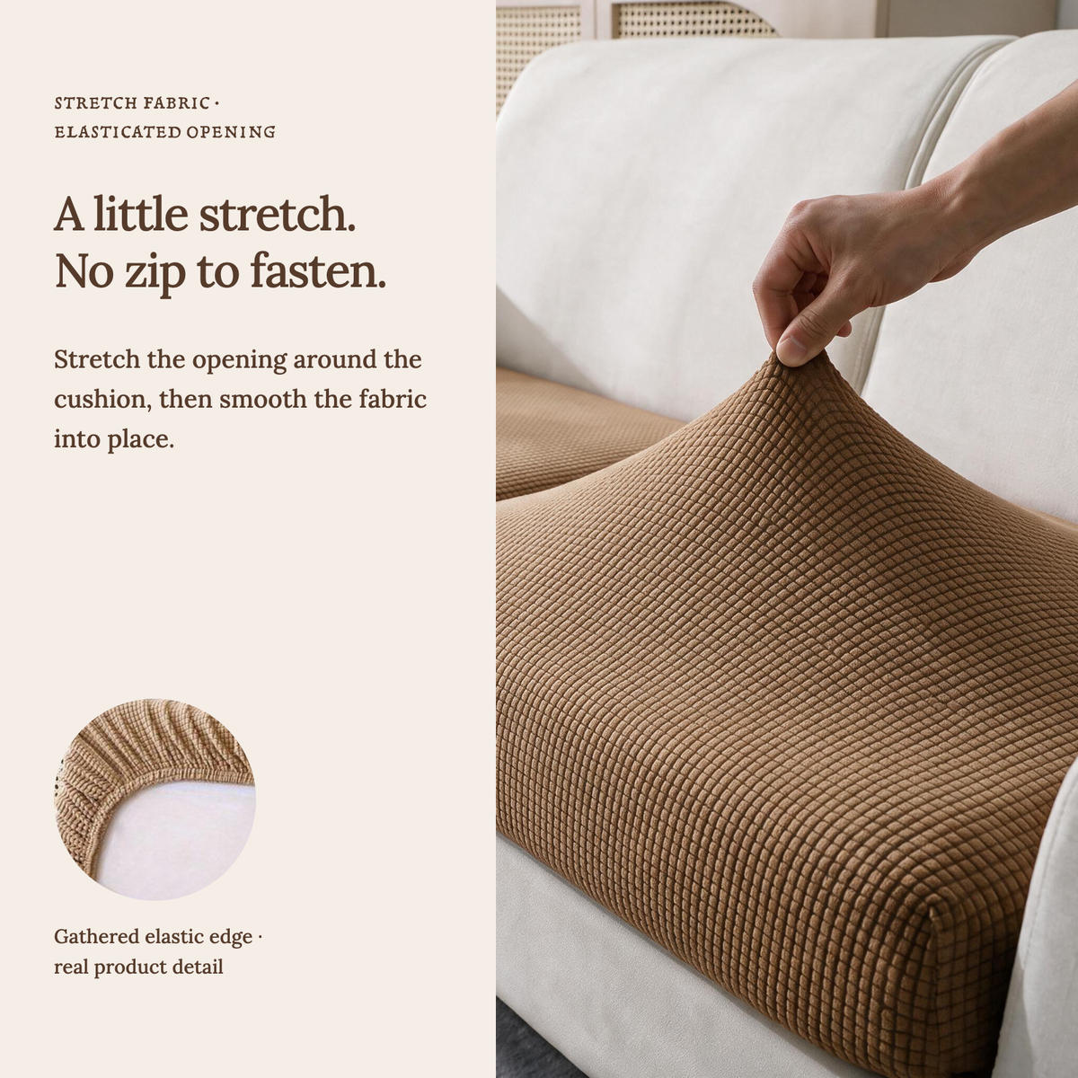 Housse de coussin de canapé Jacquard · Tabac · Extensible — Un tissu extensible, sans fermeture éclair