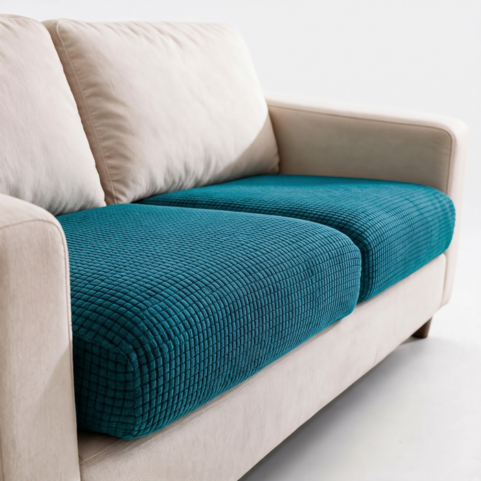 Housse de coussin de canapé Jacquard · Bleu canard · Extensible — Détail du tissu jacquard