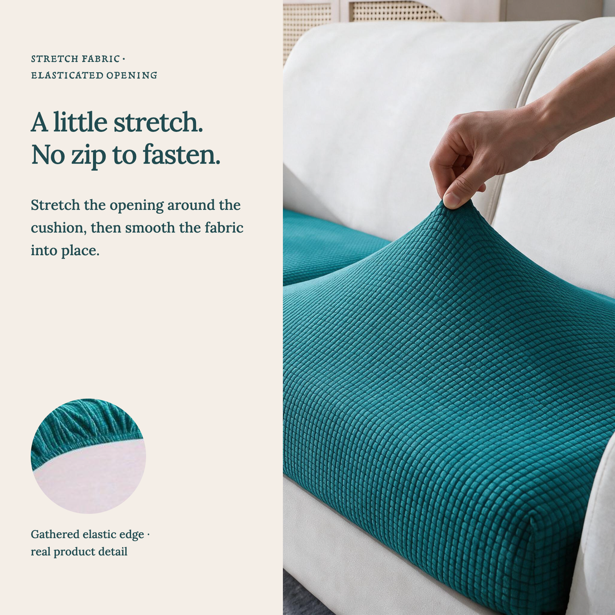 Housse de coussin de canapé Jacquard · Bleu canard · Extensible — Un tissu extensible, sans fermeture éclair