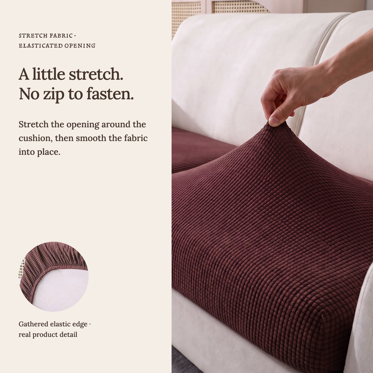 Housse de coussin de canapé Jacquard · Chocolat · Extensible — Un tissu extensible, sans fermeture éclair