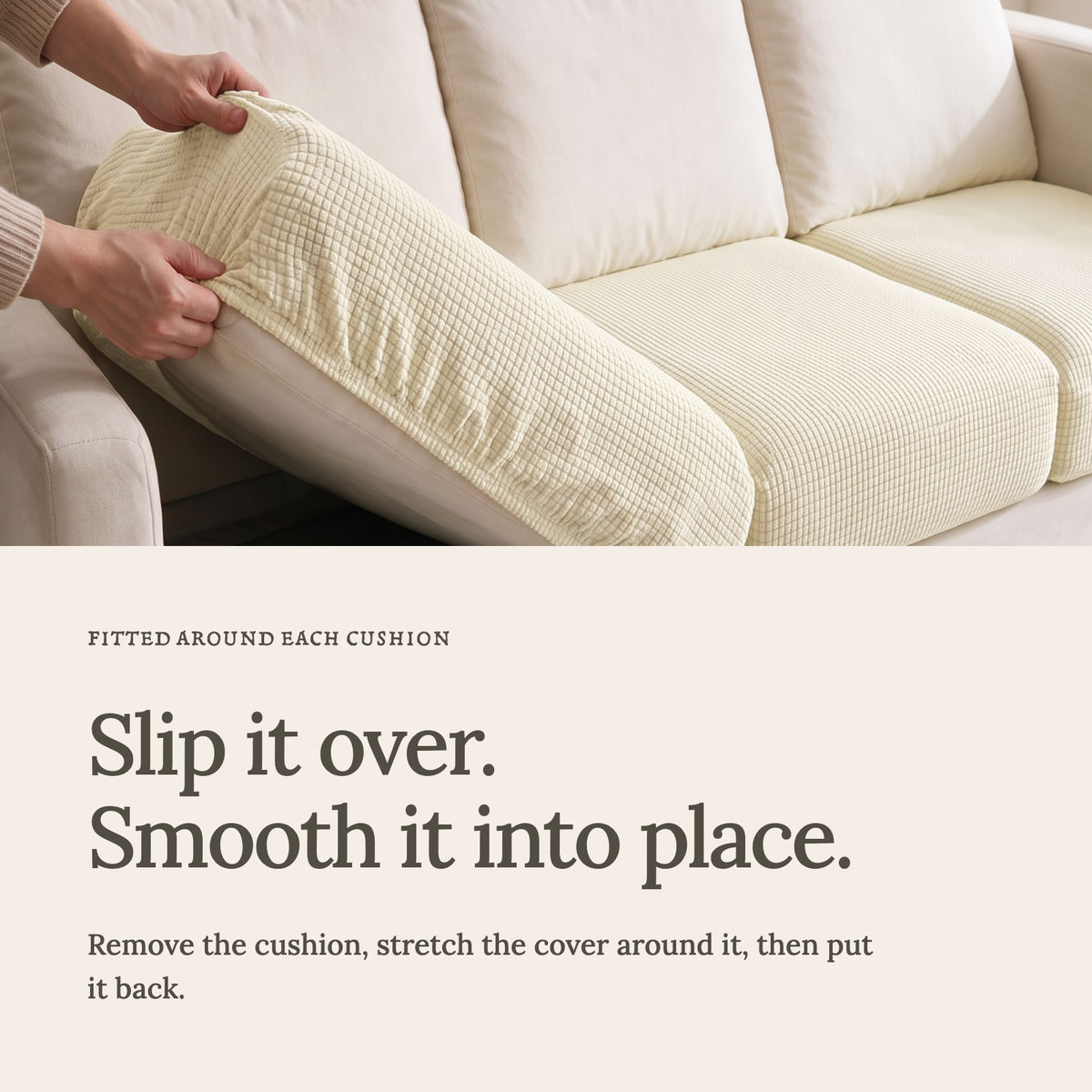 Housse de coussin de canapé Jacquard · Blanc cassé · Extensible — Enfilez la housse et lissez le tissu