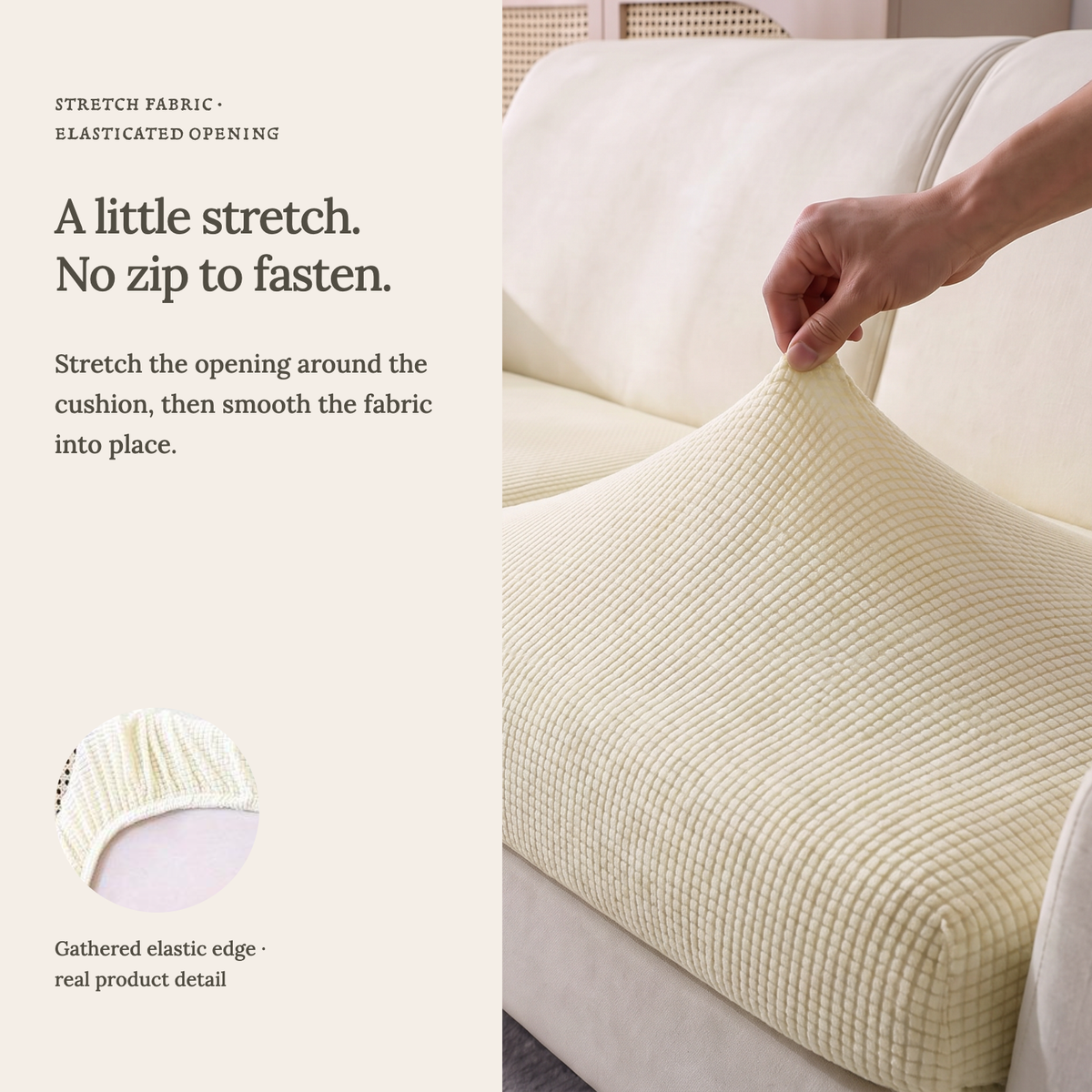 Housse de coussin de canapé Jacquard · Blanc cassé · Extensible — Un tissu extensible, sans fermeture éclair