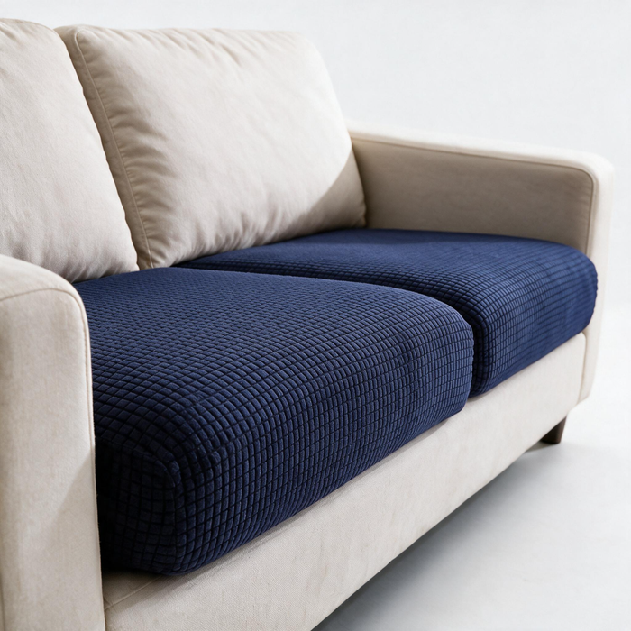 Housse de coussin de canapé Jacquard · Bleu marine · Extensible — Détail du tissu jacquard