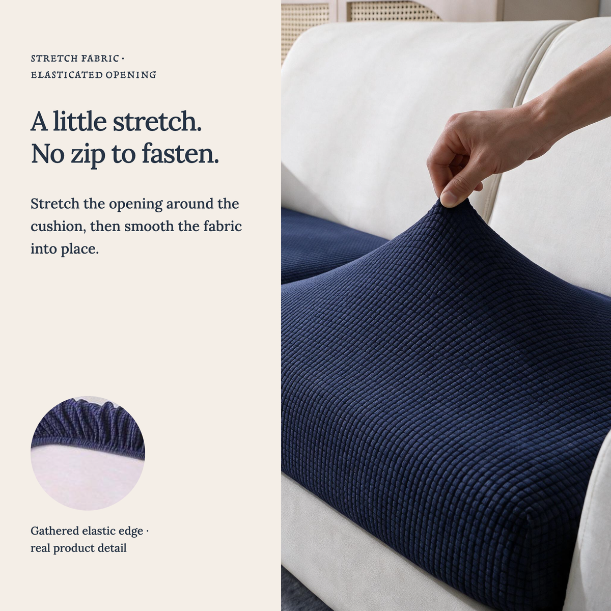 Housse de coussin de canapé Jacquard · Bleu marine · Extensible — Un tissu extensible, sans fermeture éclair