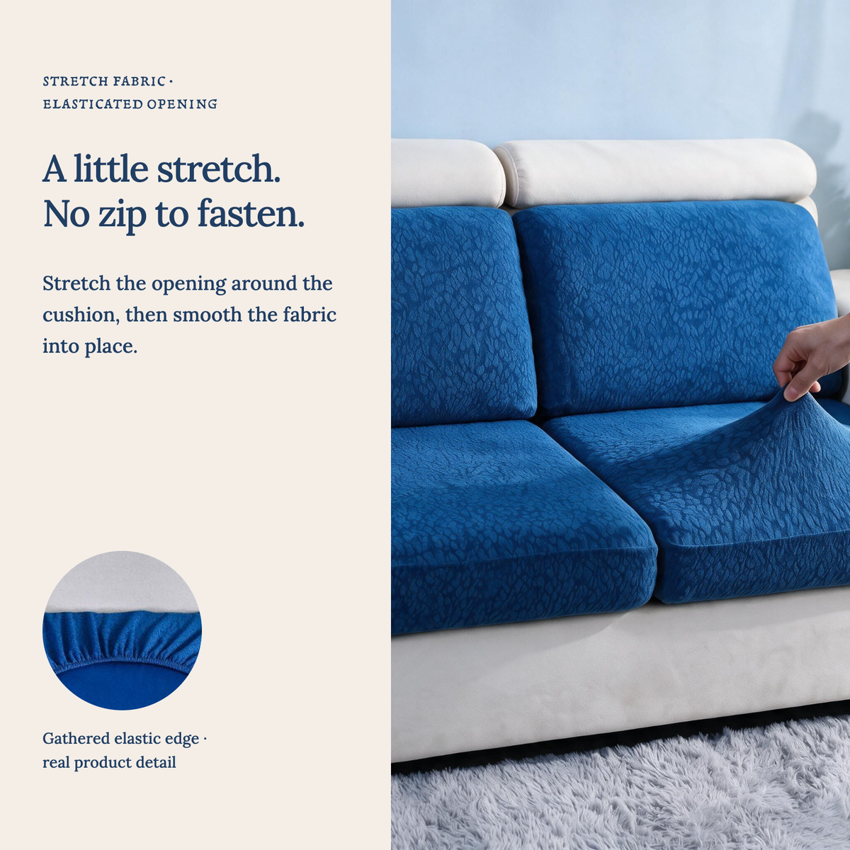 Housse de coussin de canapé Imperméable · Bleu foncé — Un tissu extensible, sans fermeture éclair
