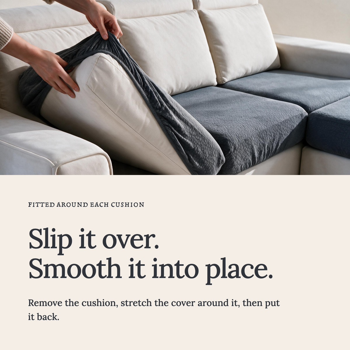 Housse de coussin de canapé Imperméable · Gris foncé — Enfilez la housse et lissez le tissu
