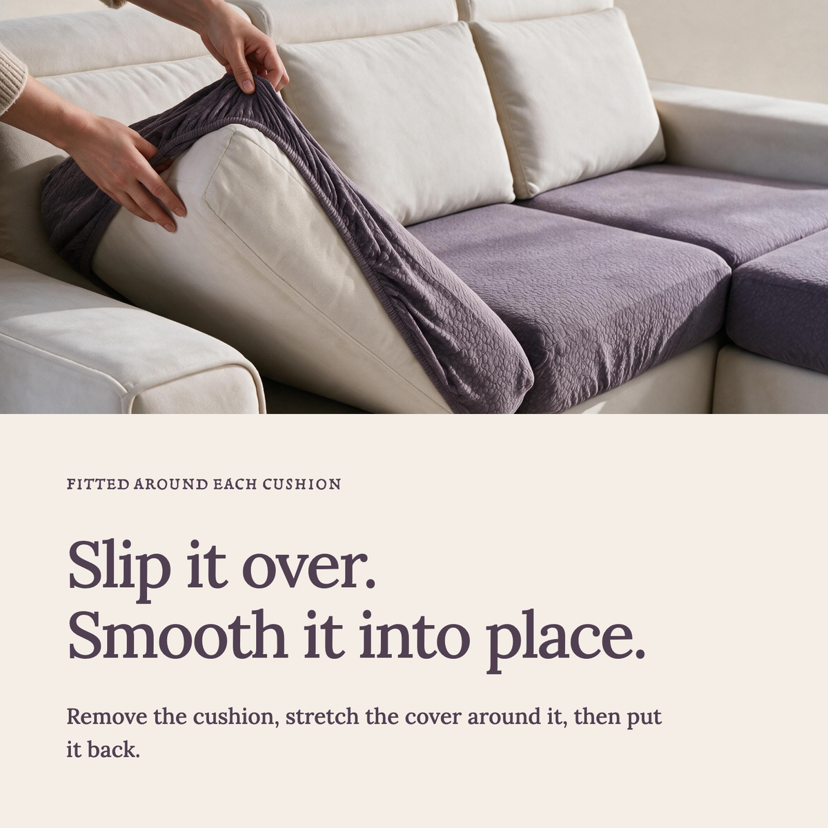 Housse de coussin de canapé Imperméable · Violet — Enfilez la housse et lissez le tissu