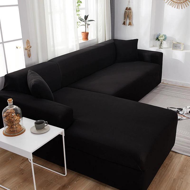 Housse de canapé d'angle Unie · Noir · Extensible