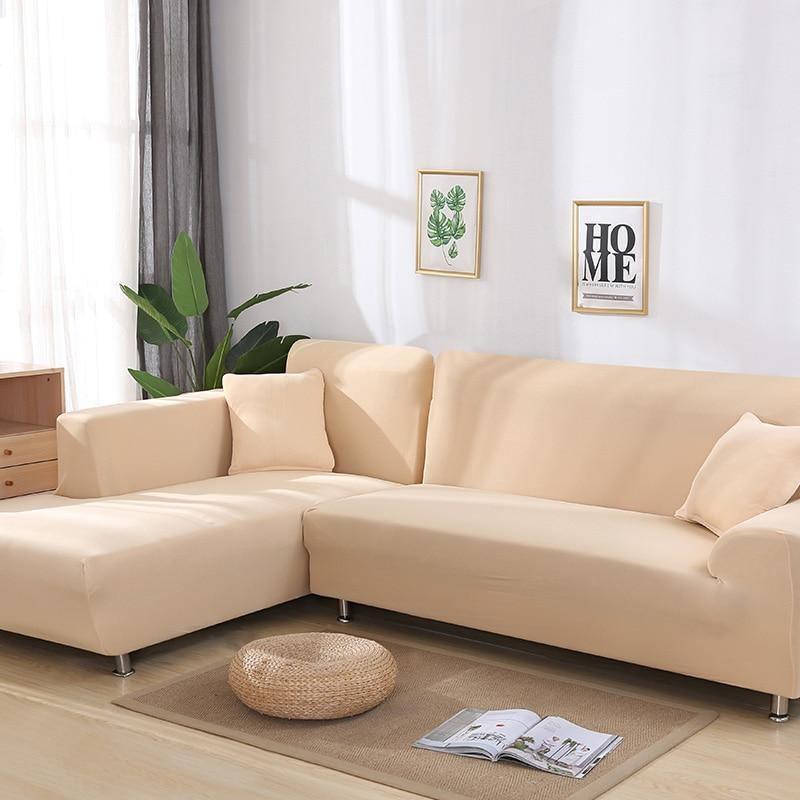 Housse de canapé d'angle Unie · Beige lin · Extensible