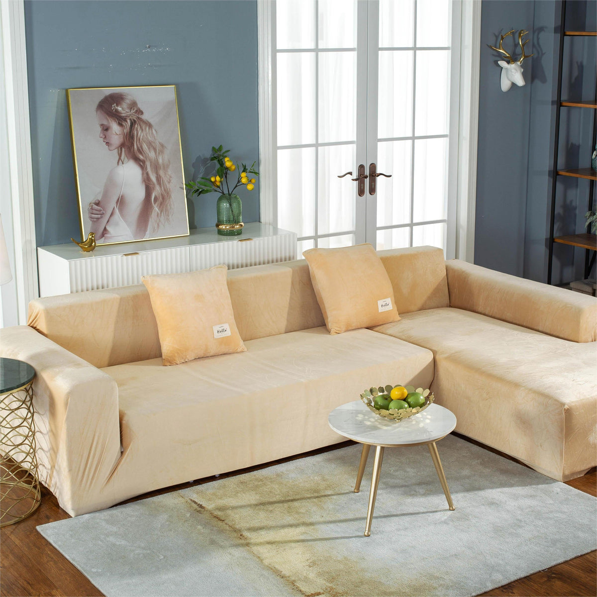 Housse de canapé d'angle Velours · Beige · Extensible