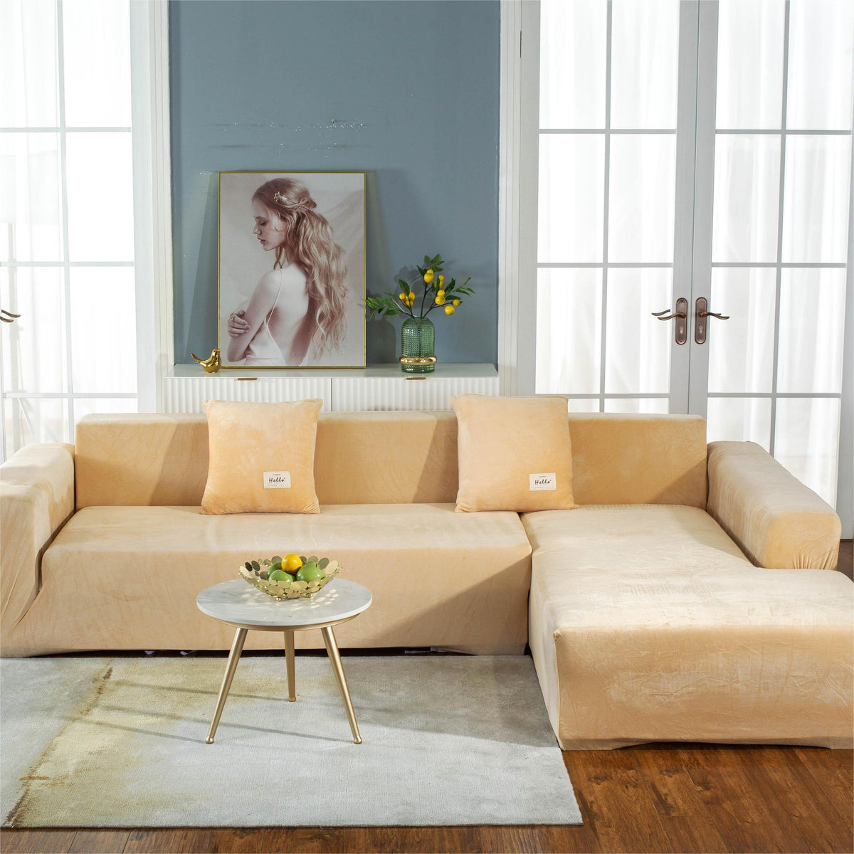 Housse de canapé d'angle Velours · Beige · Extensible (vue 2)