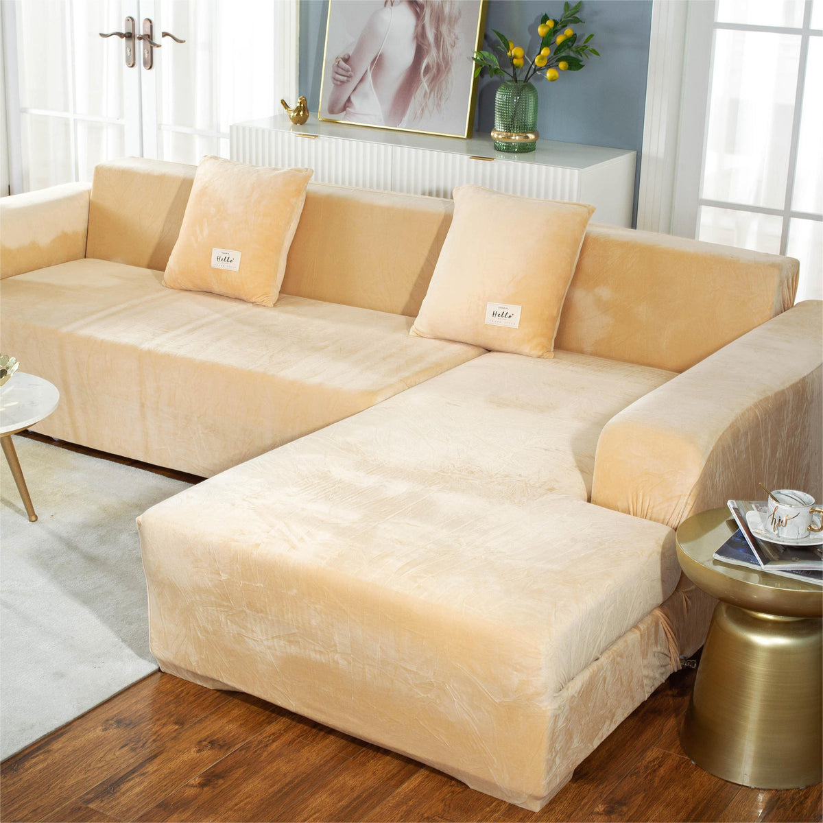 Housse de canapé d'angle Velours · Beige · Extensible (vue 3)