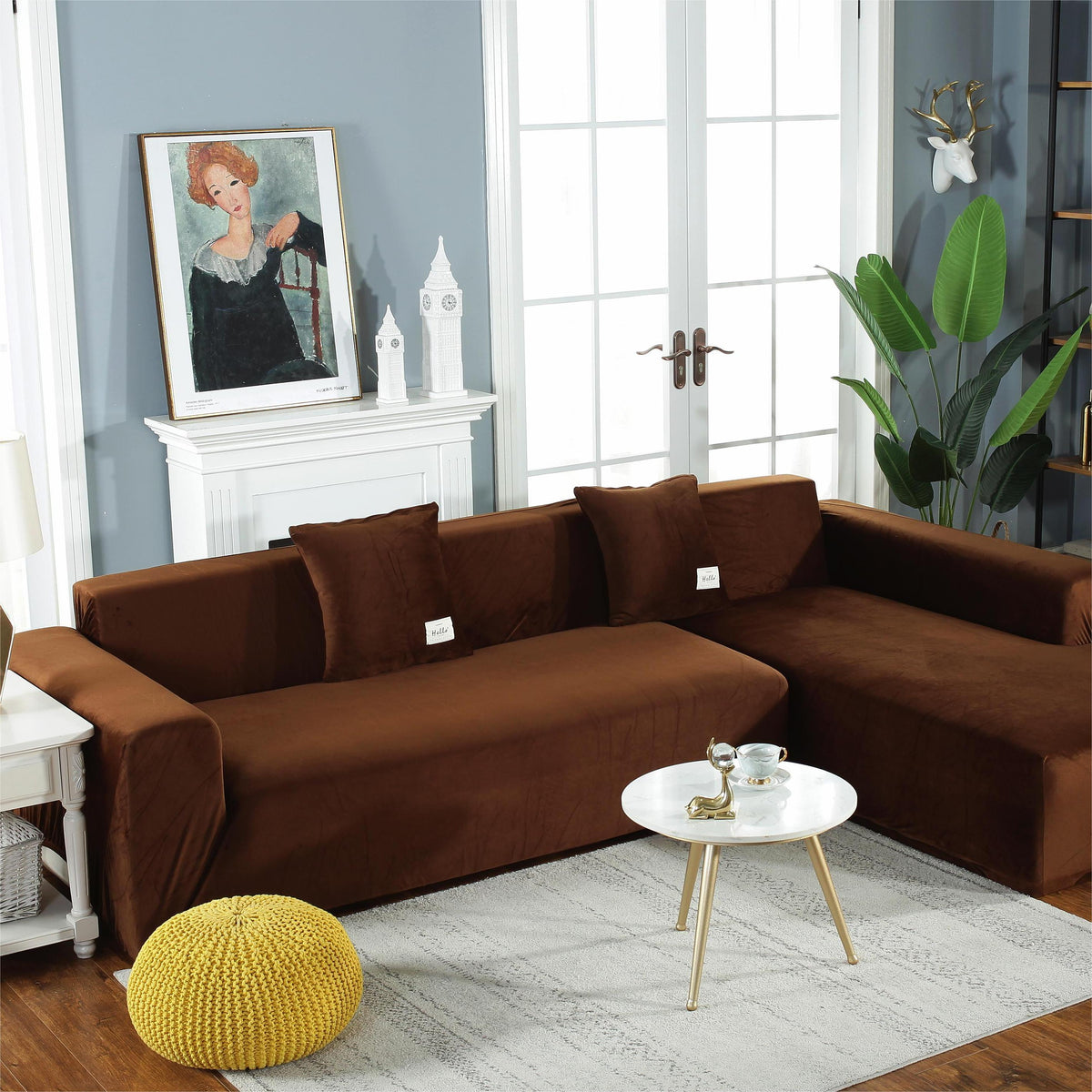 Housse de canapé d'angle Velours · Marron · Extensible