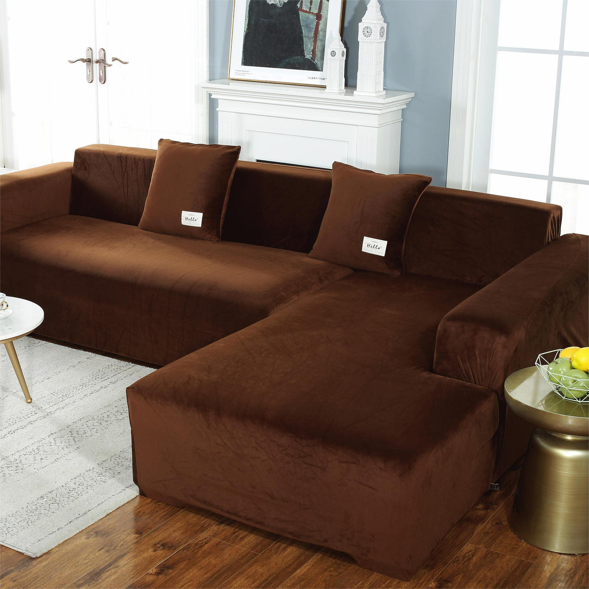 Housse de canapé d'angle Velours · Marron · Extensible (vue 3)