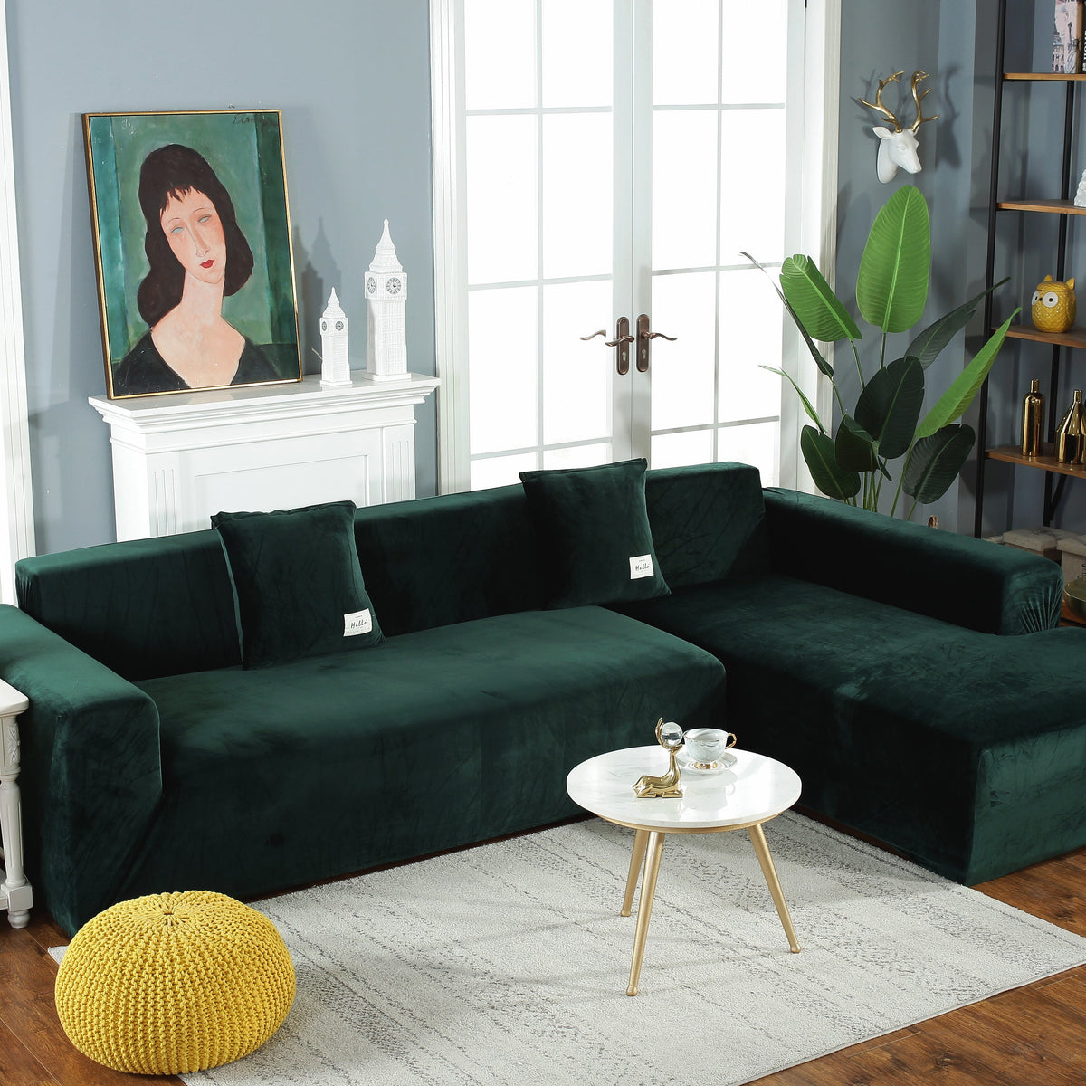 Housse de canapé d'angle Velours · Vert foncé · Extensible