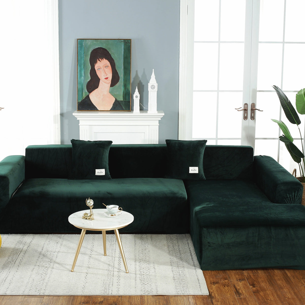 Housse de canapé d'angle Velours · Vert foncé · Extensible (vue 2)