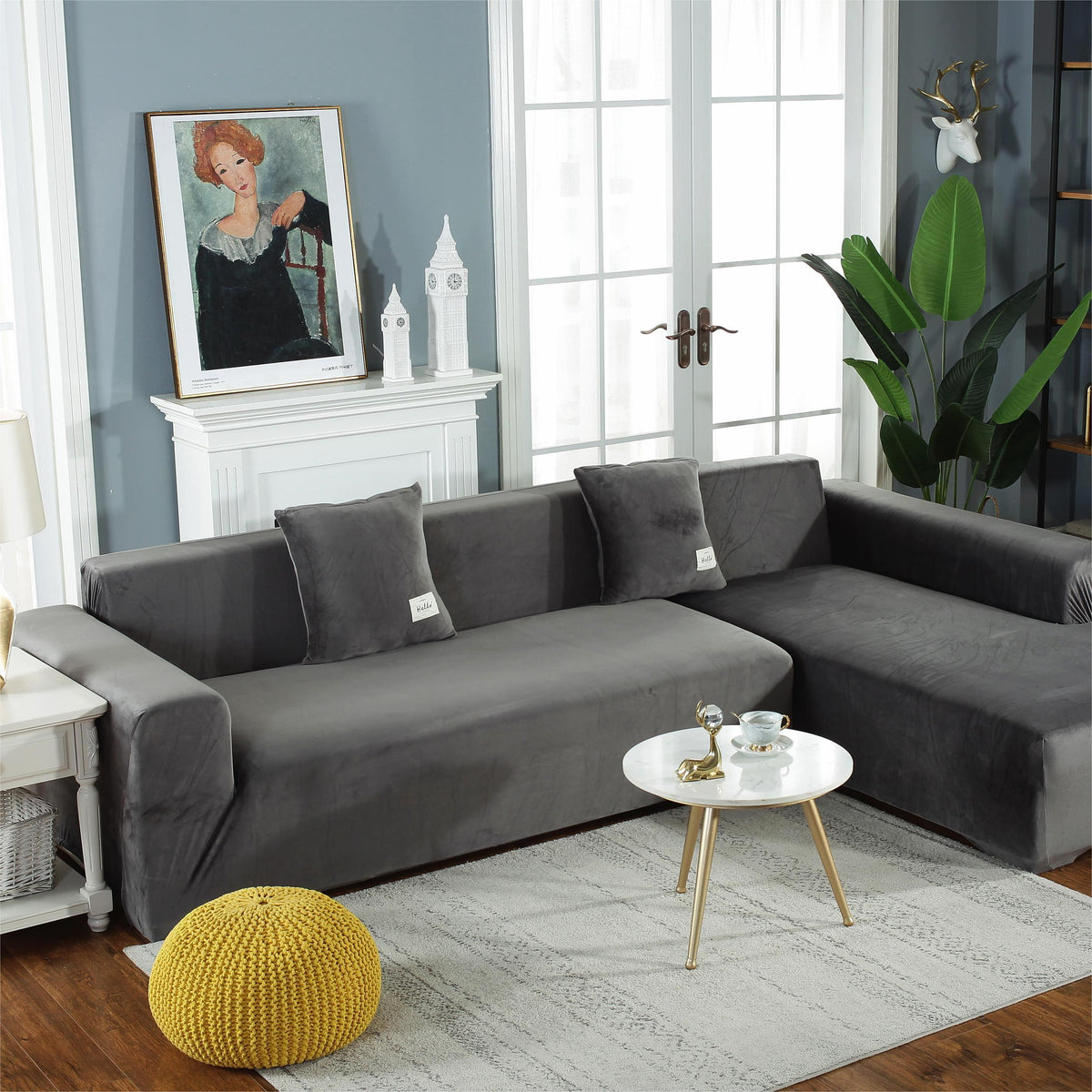 Housse de canapé d'angle Velours · Gris · Extensible