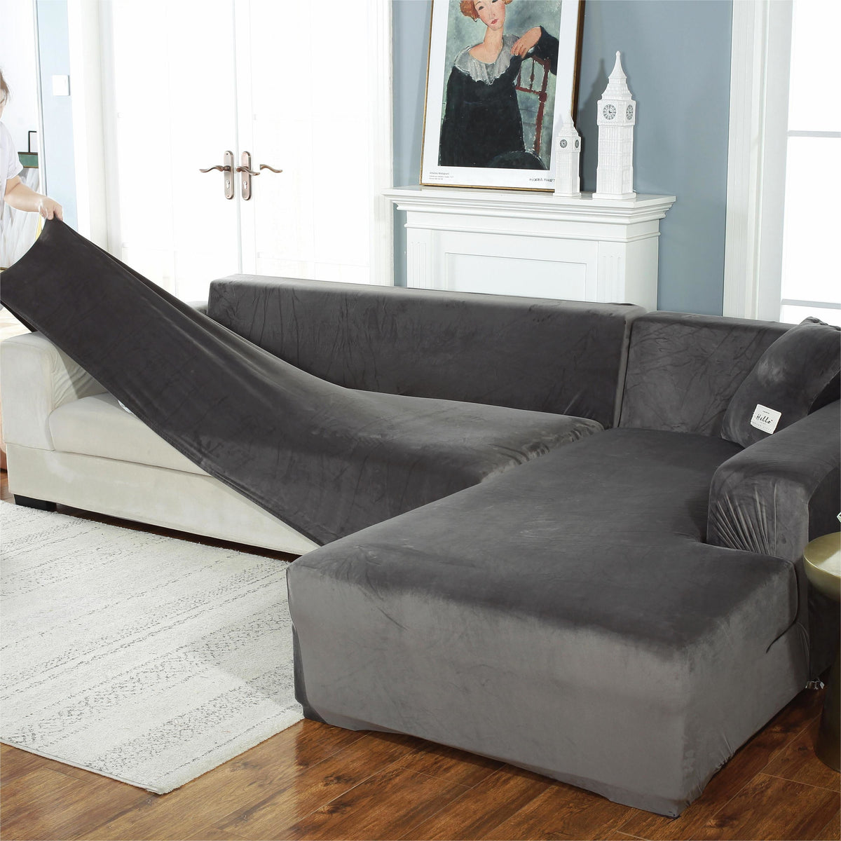Housse de canapé d'angle Velours · Gris · Extensible (vue 3)