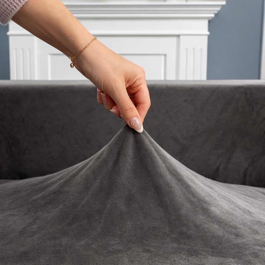 Housse de canapé d'angle Velours · Gris · Extensible (vue 5)