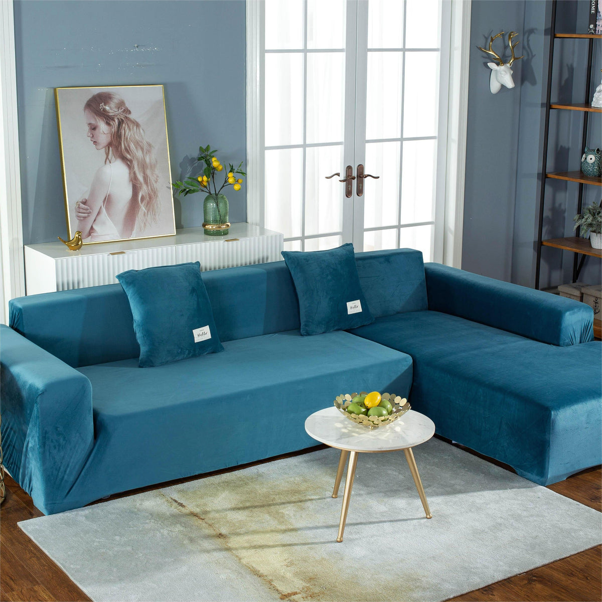 Housse de canapé d'angle Velours · Bleu lagon · Extensible