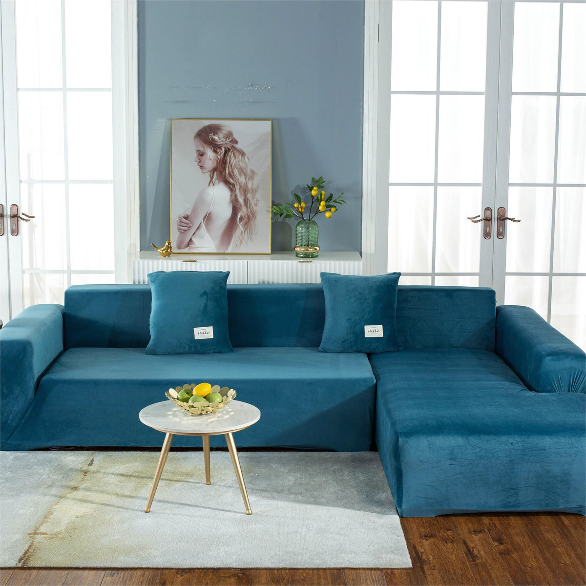 Housse de canapé d'angle Velours · Bleu lagon · Extensible (vue 2)