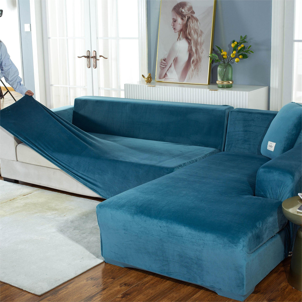 Housse de canapé d'angle Velours · Bleu lagon · Extensible (vue 3)