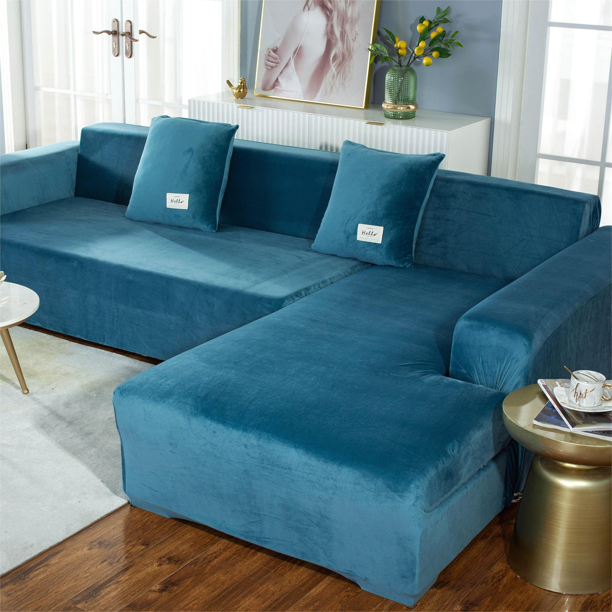 Housse de canapé d'angle Velours · Bleu lagon · Extensible (vue 4)