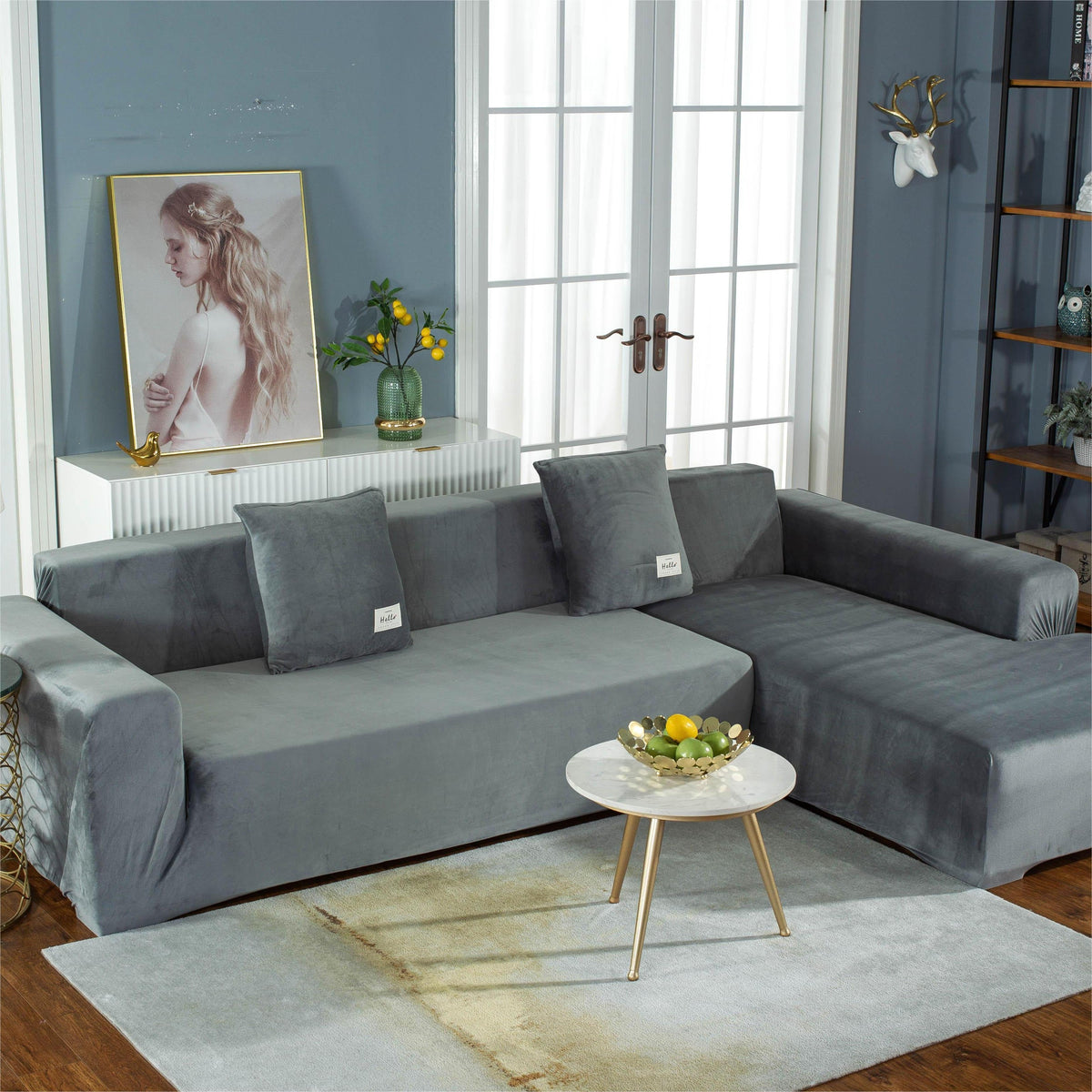 Housse de canapé d'angle Velours · Gris clair · Extensible