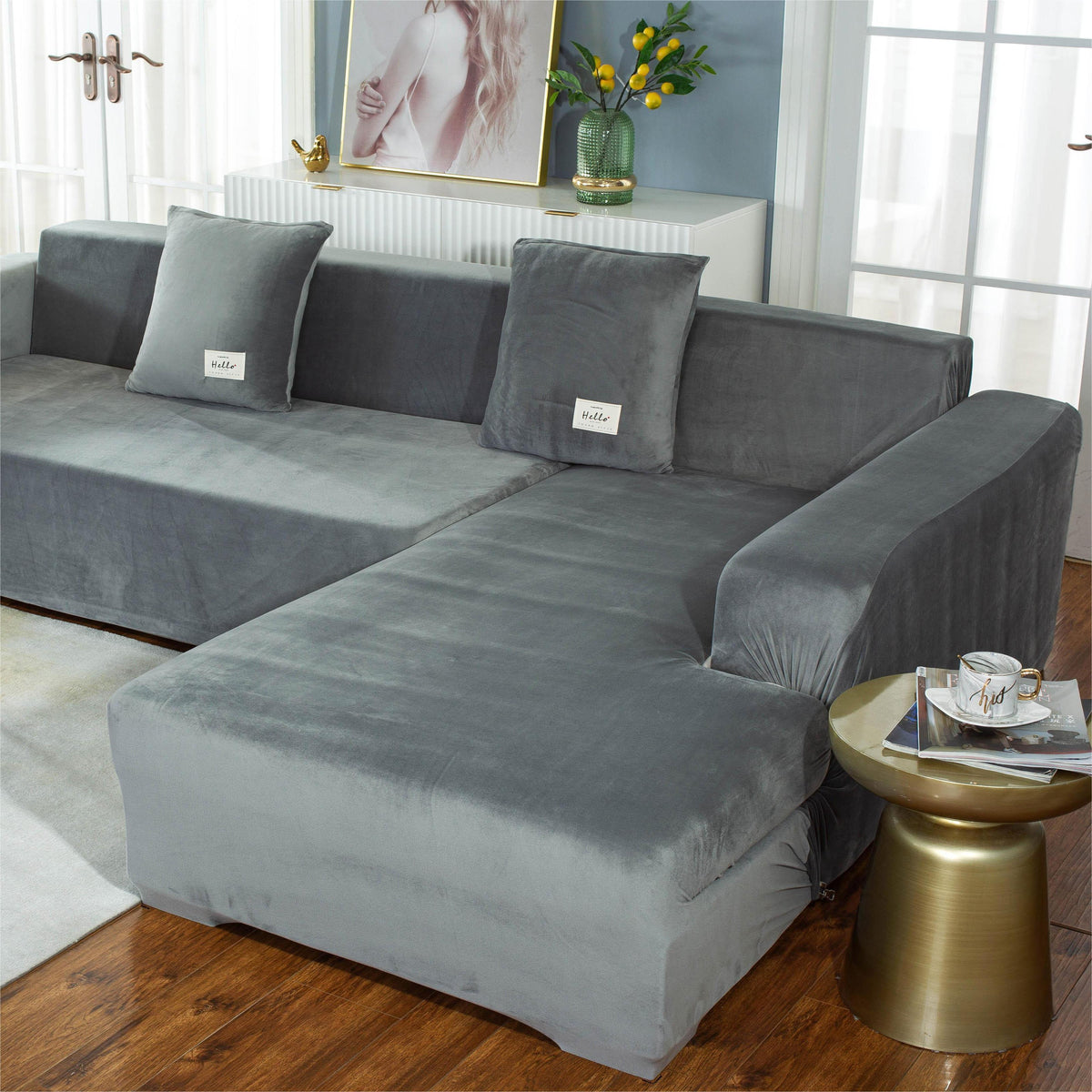 Housse de canapé d'angle Velours · Gris clair · Extensible (vue 2)