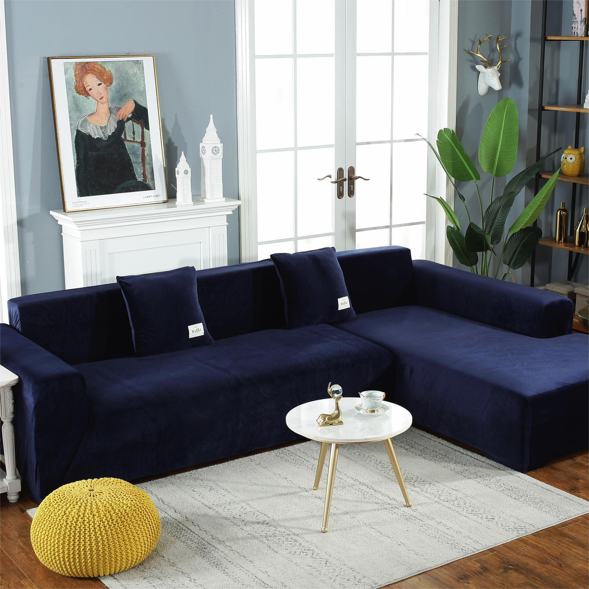 Housse de canapé d'angle Velours · Bleu marine · Extensible