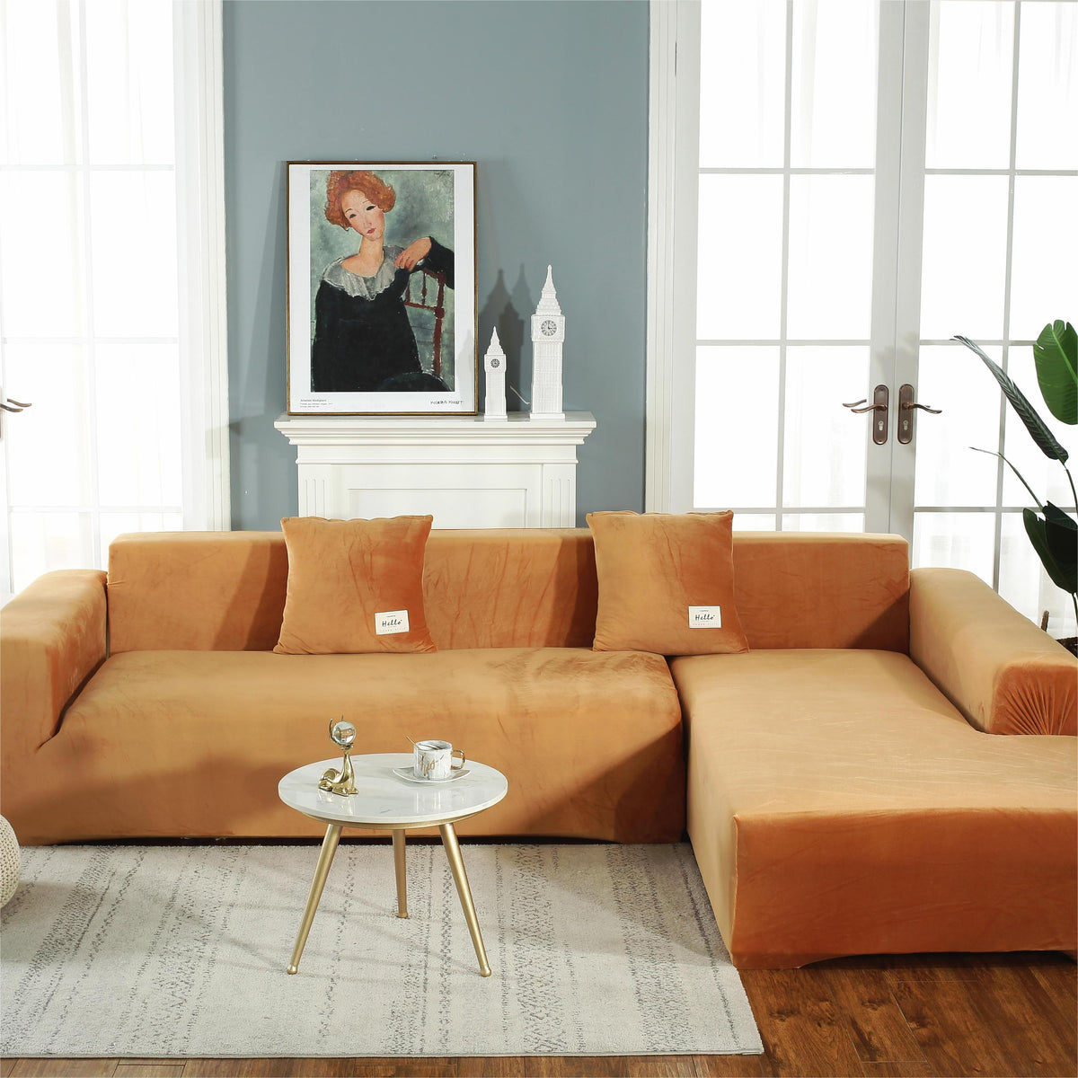Housse de canapé d'angle Velours · Orange · Extensible (vue 2)