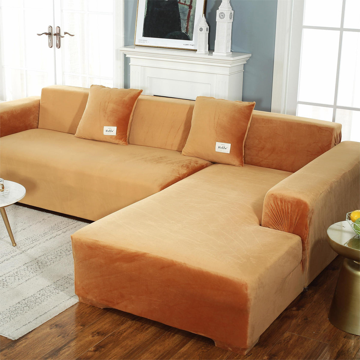 Housse de canapé d'angle Velours · Orange · Extensible (vue 3)