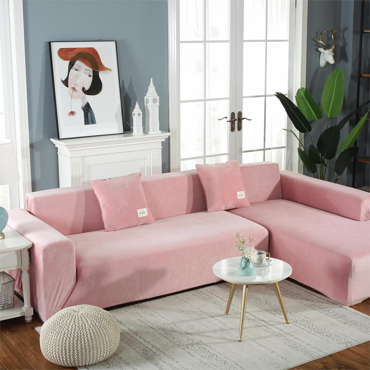 Housse de canapé d'angle Velours · Rose · Extensible