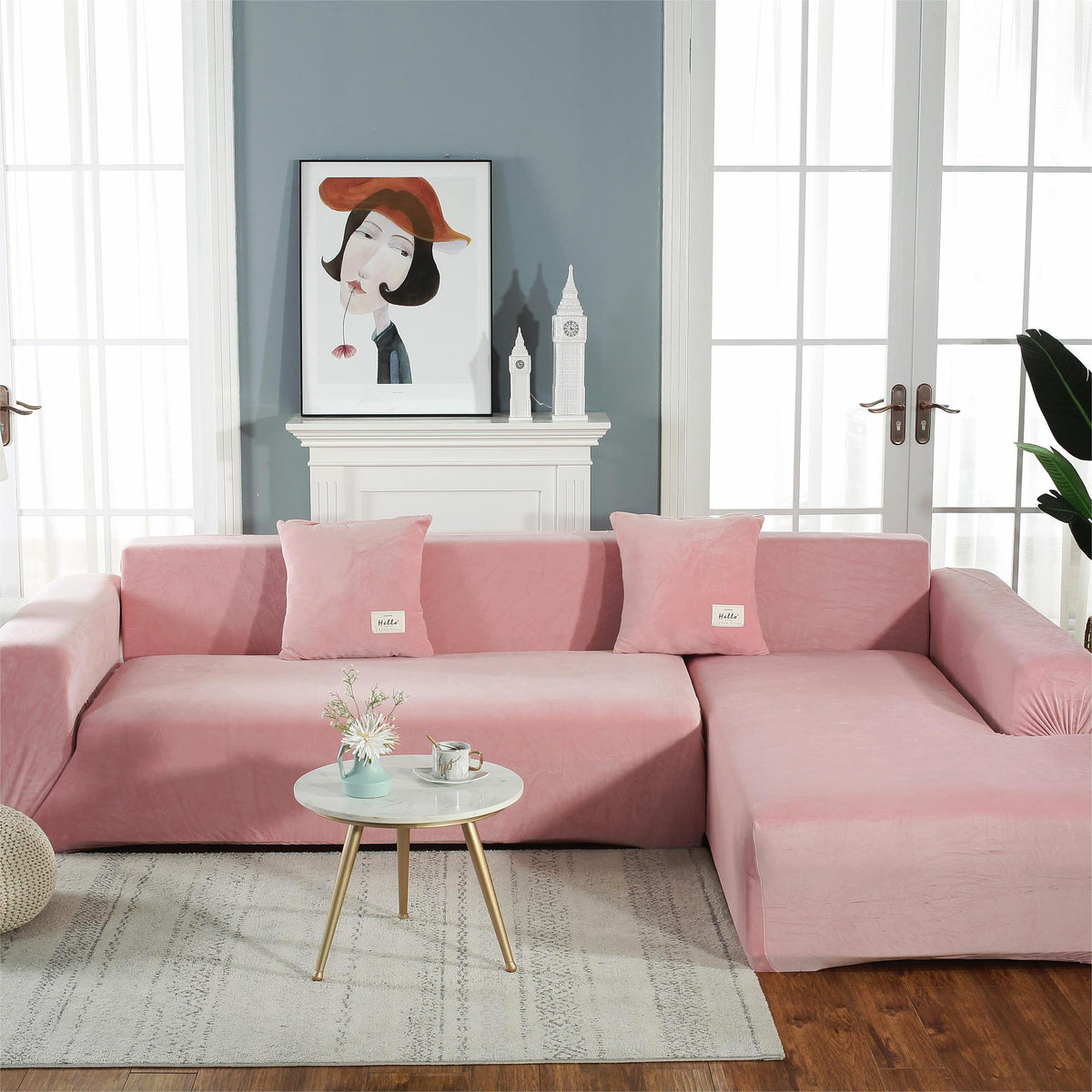 Housse de canapé d'angle Velours · Rose · Extensible (vue 2)