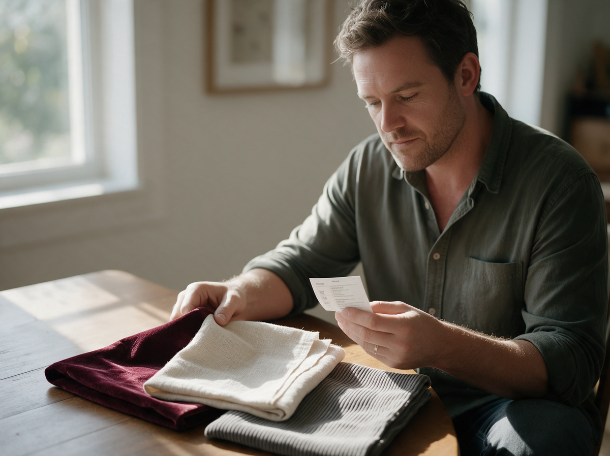Matthieu examine des échantillons de tissu et une étiquette d’entretien